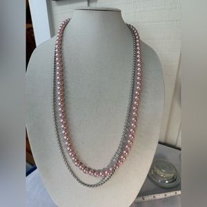 Long double strand light pink  silvertone double strand necklace